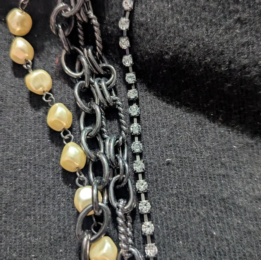 Gunmetal Black Cream Faux Pearl Clear Rhinestone Statement Waist Chain Belt